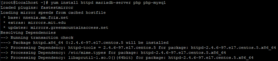 yum install httpd mariadb-server php php-mysql