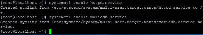commands to enable MariaDB and Apache to start on boot.