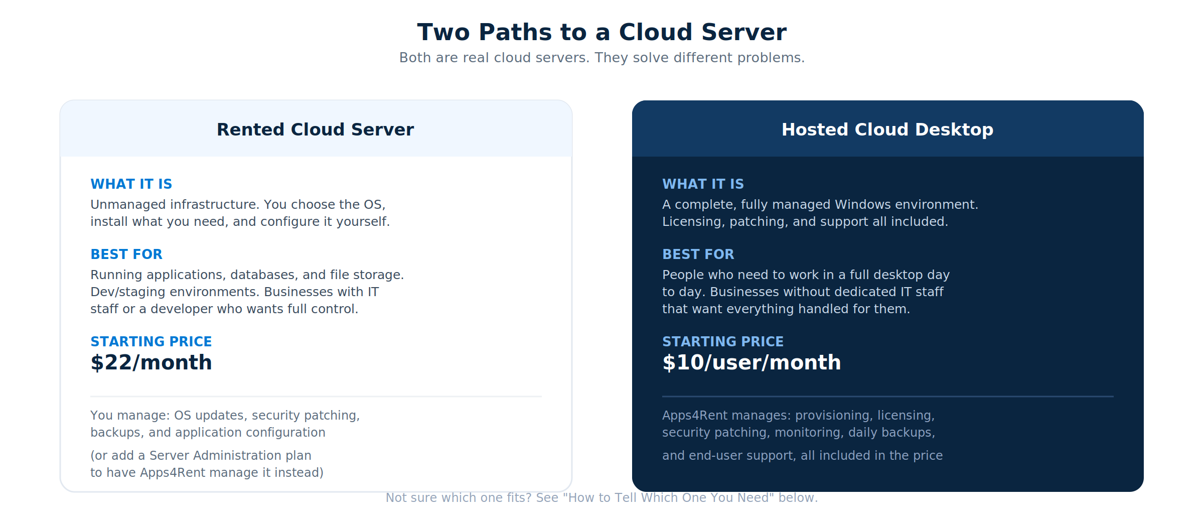 Comparison of two cloud server paths for small business: a rented cloud server starting at $22 per month for unmanaged infrastructure, and a hosted cloud desktop starting at $10 per user per month, fully managed